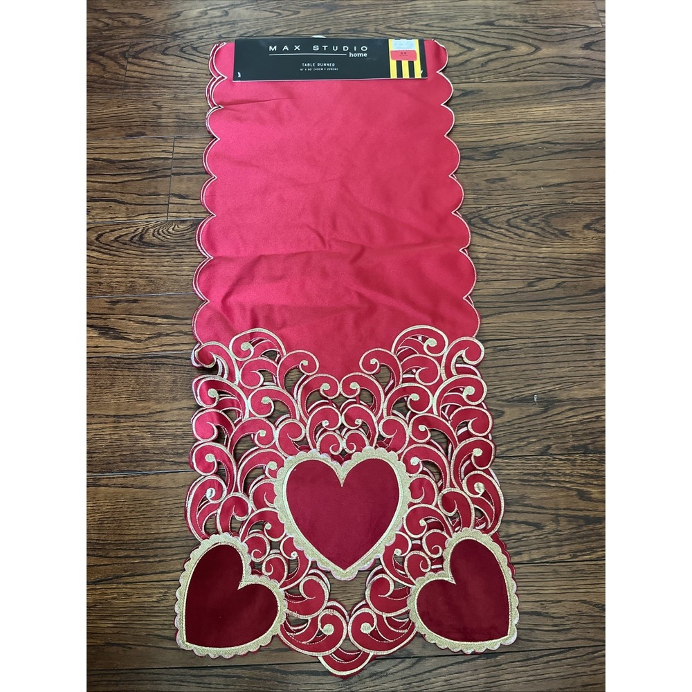 Max Studio Home Table Runner 16" X 90"  Red Gold Velvet Hearts Valentines